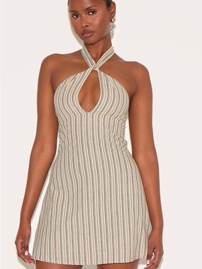 PrettyLittleThing Striped Halter Keyhole Mini Dress in Beige & Blue